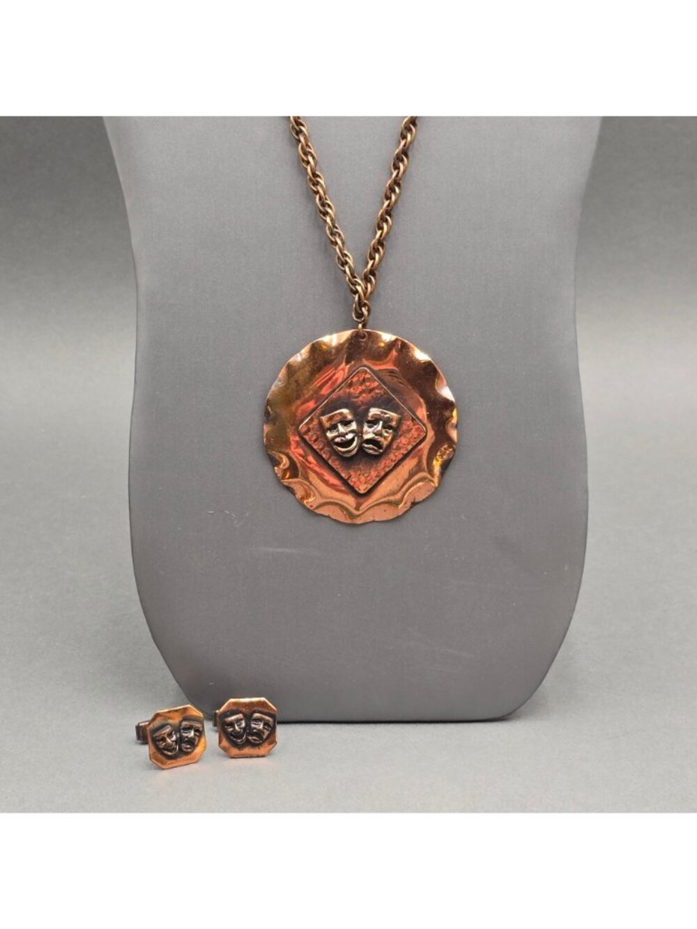 Vintage Copper Theater Comedy Tragedy Mask Jewelry Set Necklace Cufflinks Drama - Picture 15 of 15